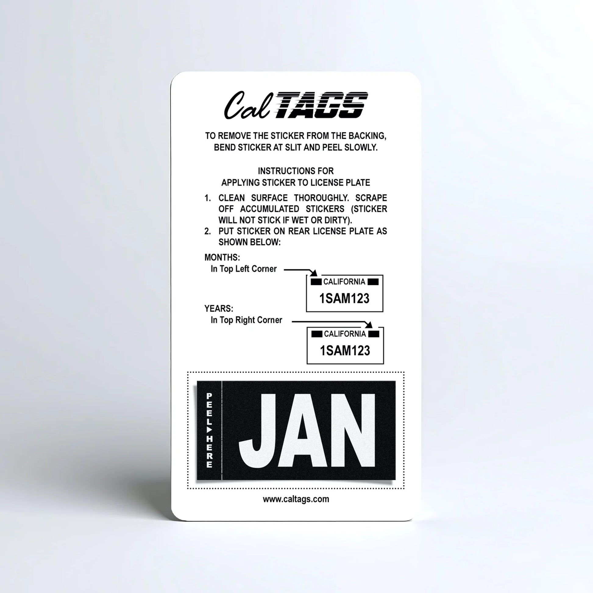 California license plate January month sticker mounted on CalTags display card — Stealth Series