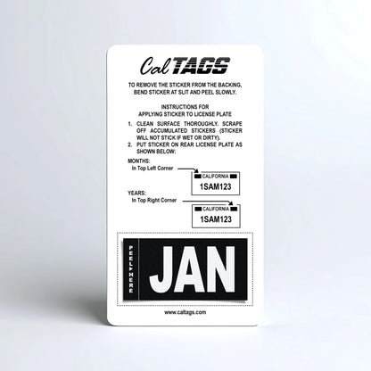 California license plate January month sticker mounted on CalTags display card — Stealth Series