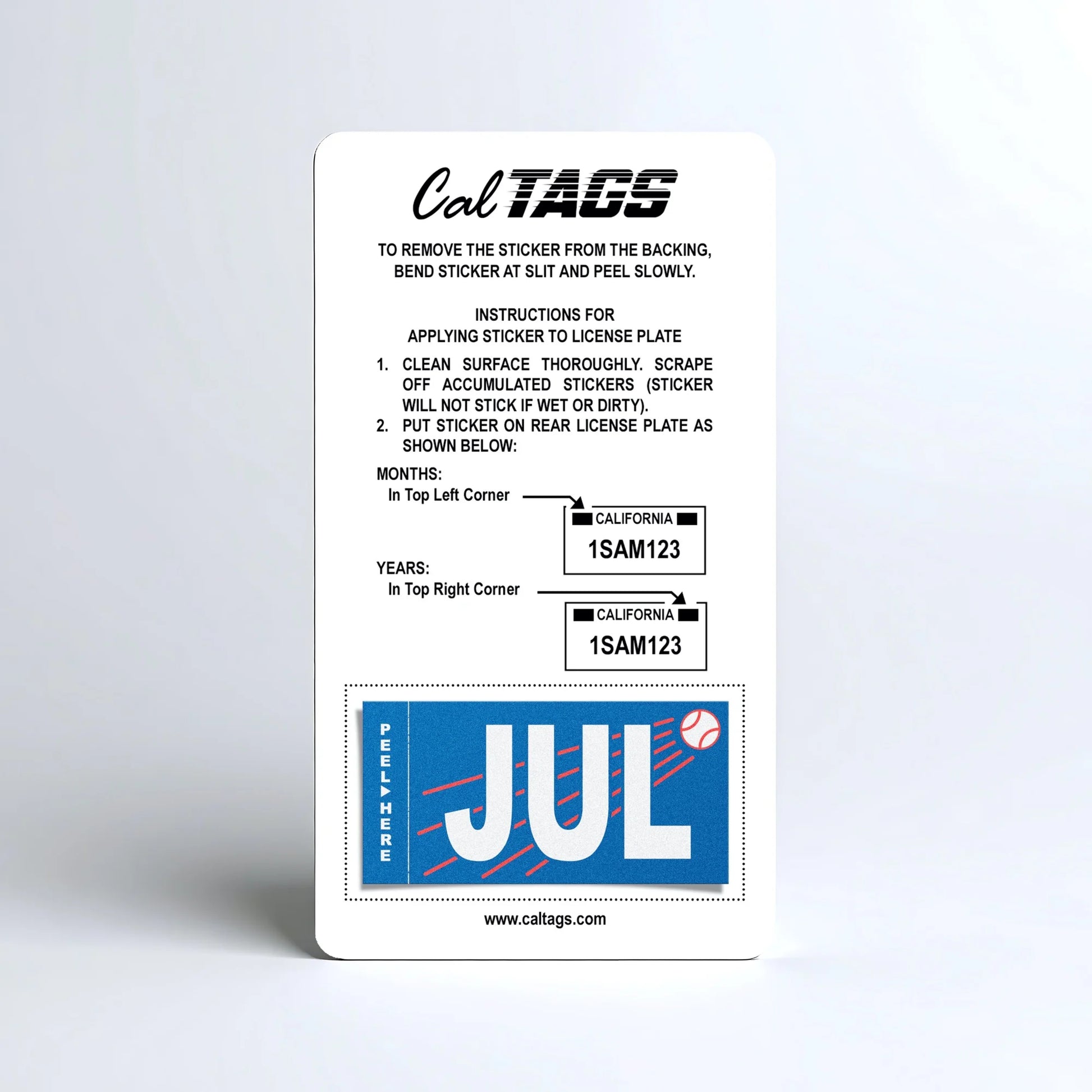 California license plate July month sticker mounted on CalTags display card — Ballpark Series