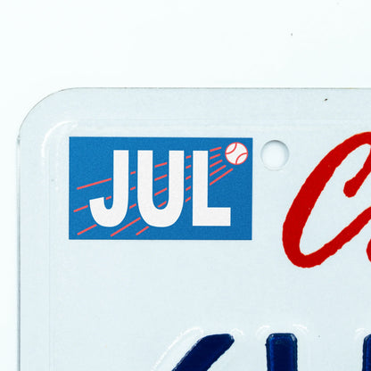 California license plate July month sticker applied to upper corner of white California plate — Ballpark Series