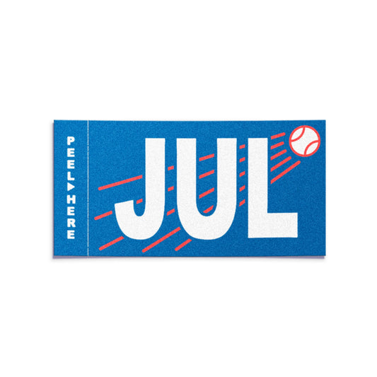 California license plate July month sticker — Ballpark Series — reproduction shown on white background