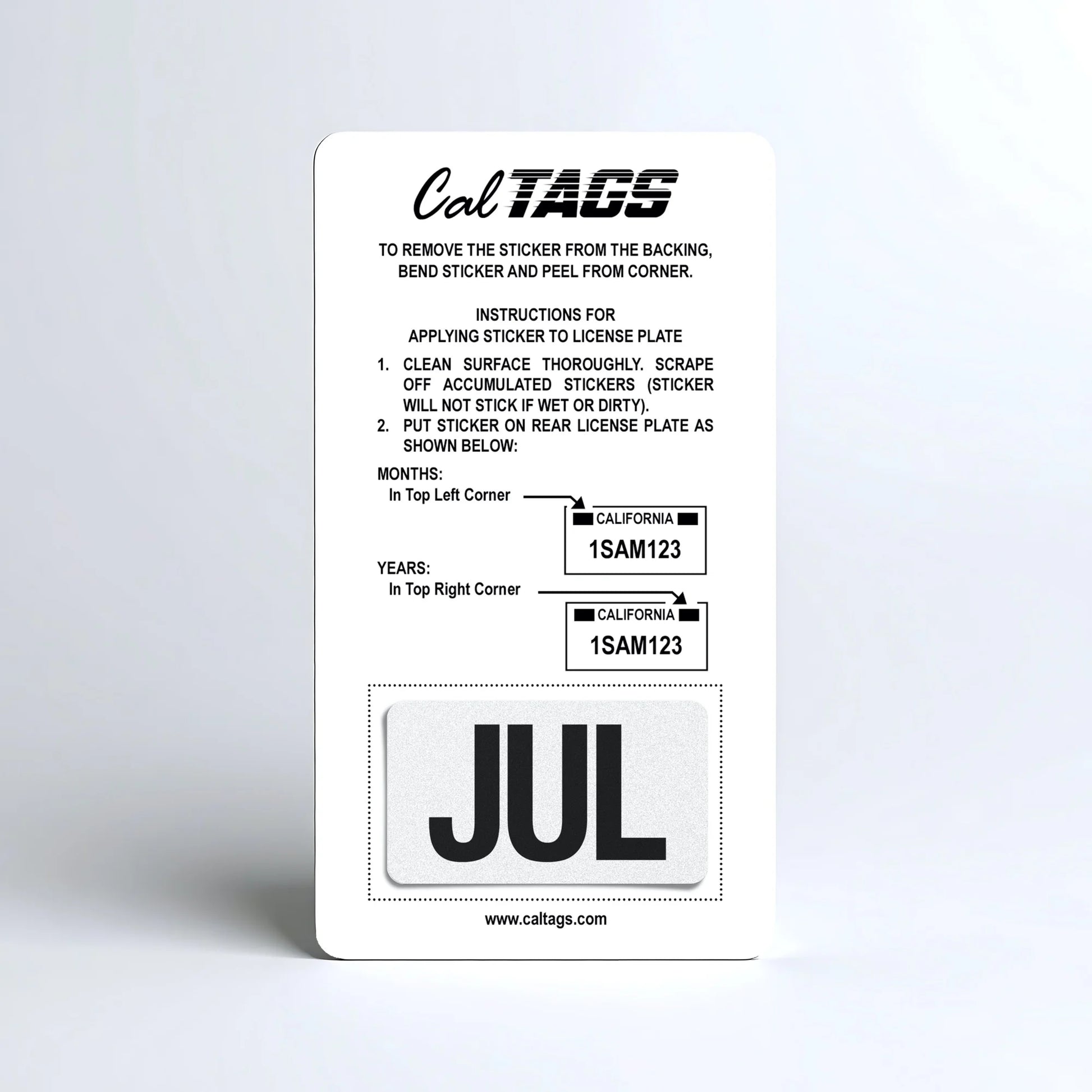California license plate July month sticker mounted on CalTags display card — Black Series