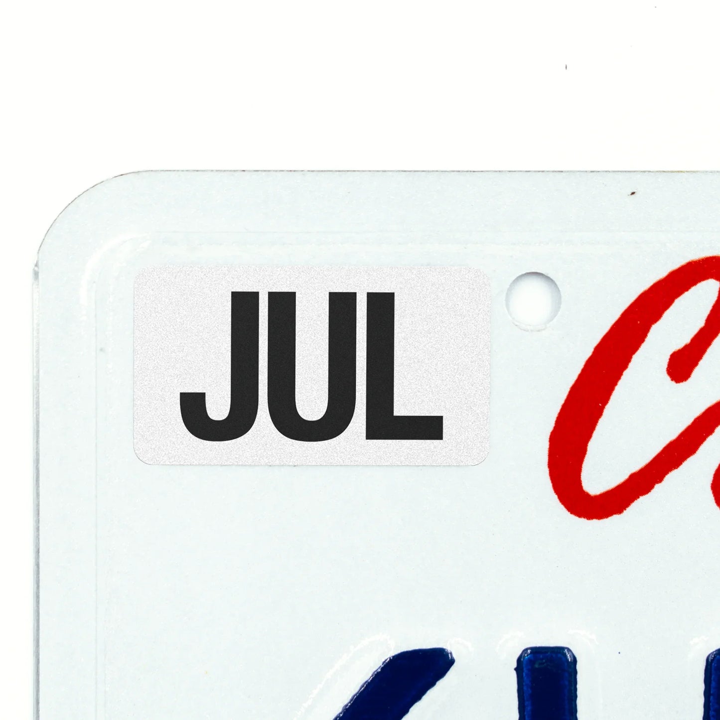 California license plate July month sticker applied to upper corner of white California plate — Black Series