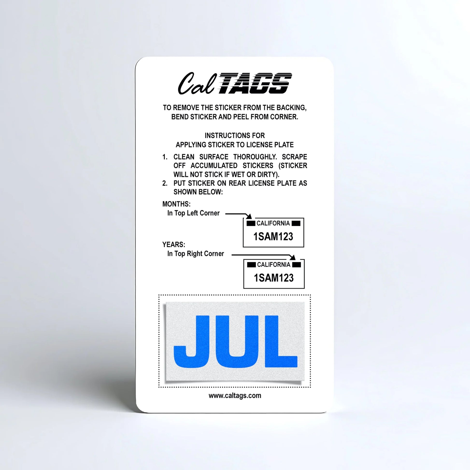California license plate July month sticker mounted on CalTags display card — Blue Series