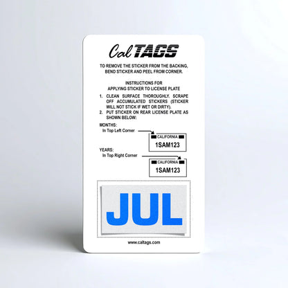 California license plate July month sticker mounted on CalTags display card — Blue Series