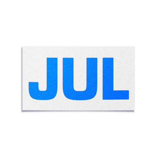 California license plate July month sticker — Blue Series — reproduction shown on white background