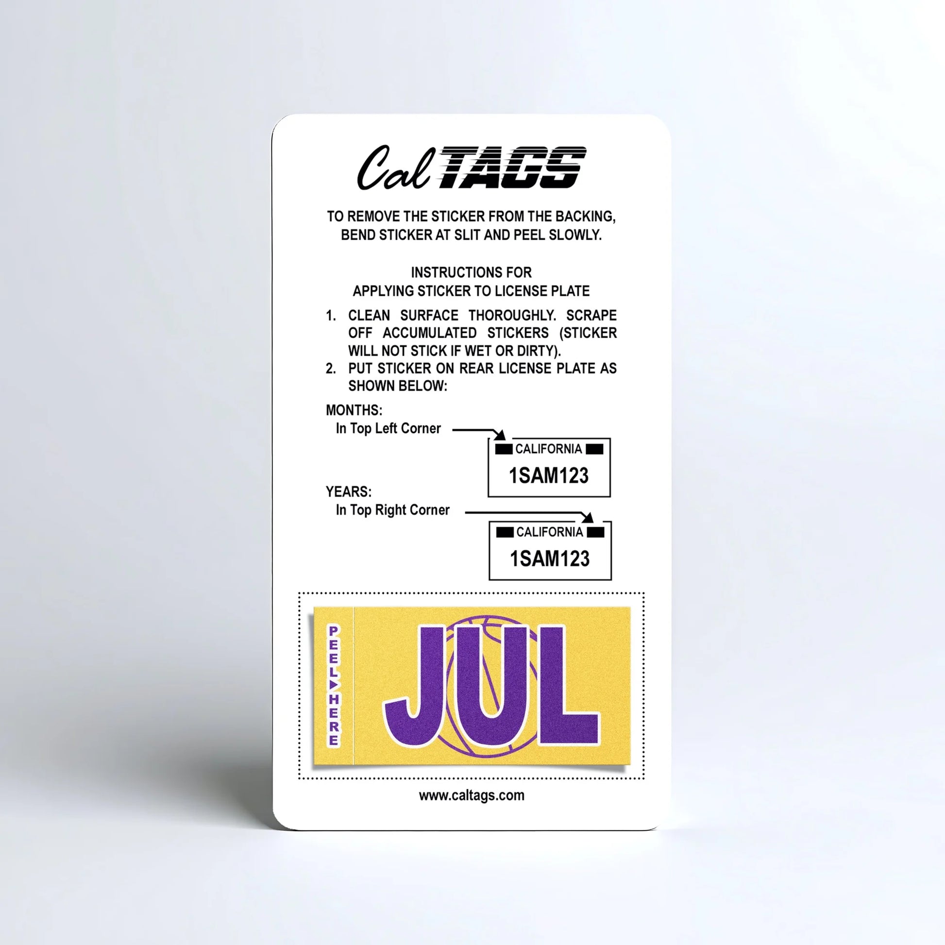 California license plate July month sticker mounted on CalTags display card — Courtside Series