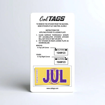 California license plate July month sticker mounted on CalTags display card — Courtside Series