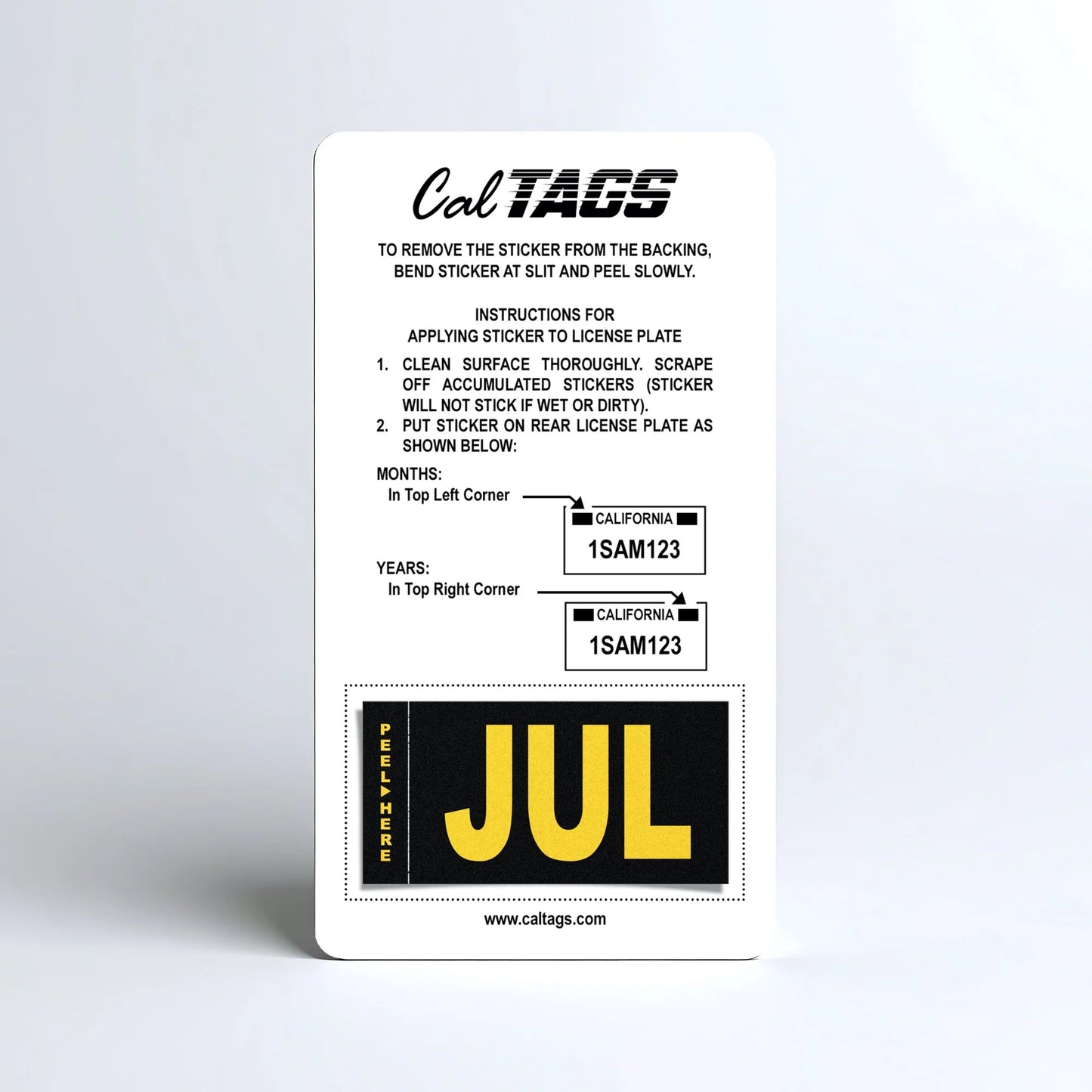 California license plate July month sticker mounted on CalTags display card — Legacy Series
