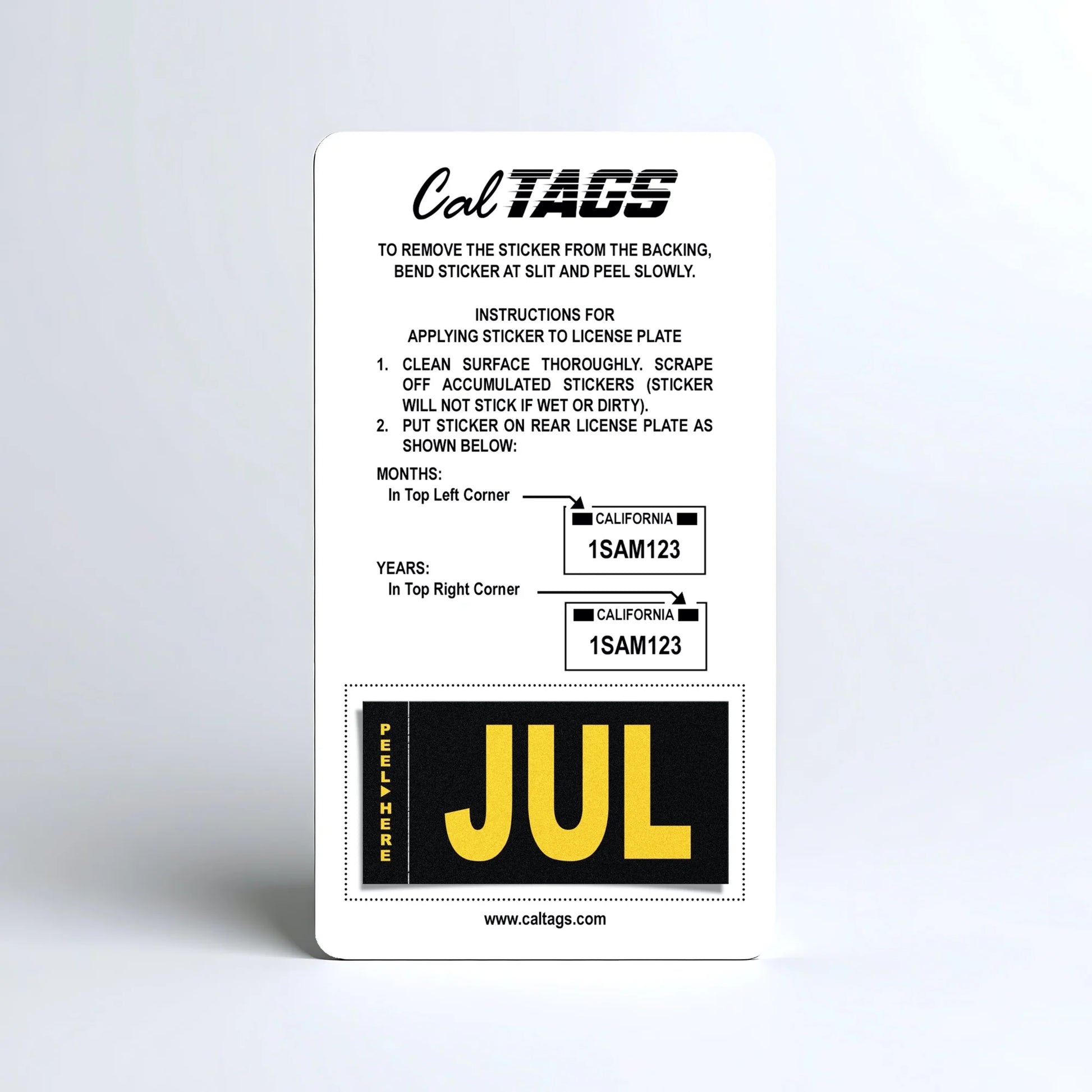 California license plate July month sticker mounted on CalTags display card — Legacy Series