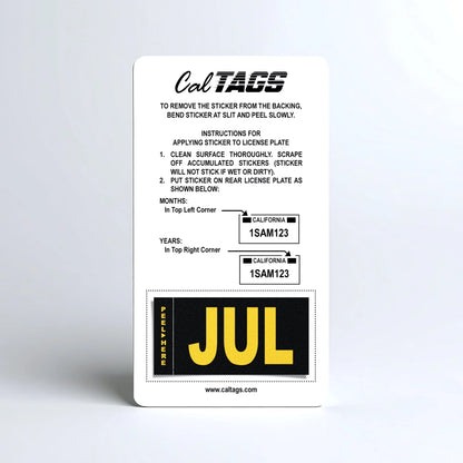 California license plate July month sticker mounted on CalTags display card — Legacy Series