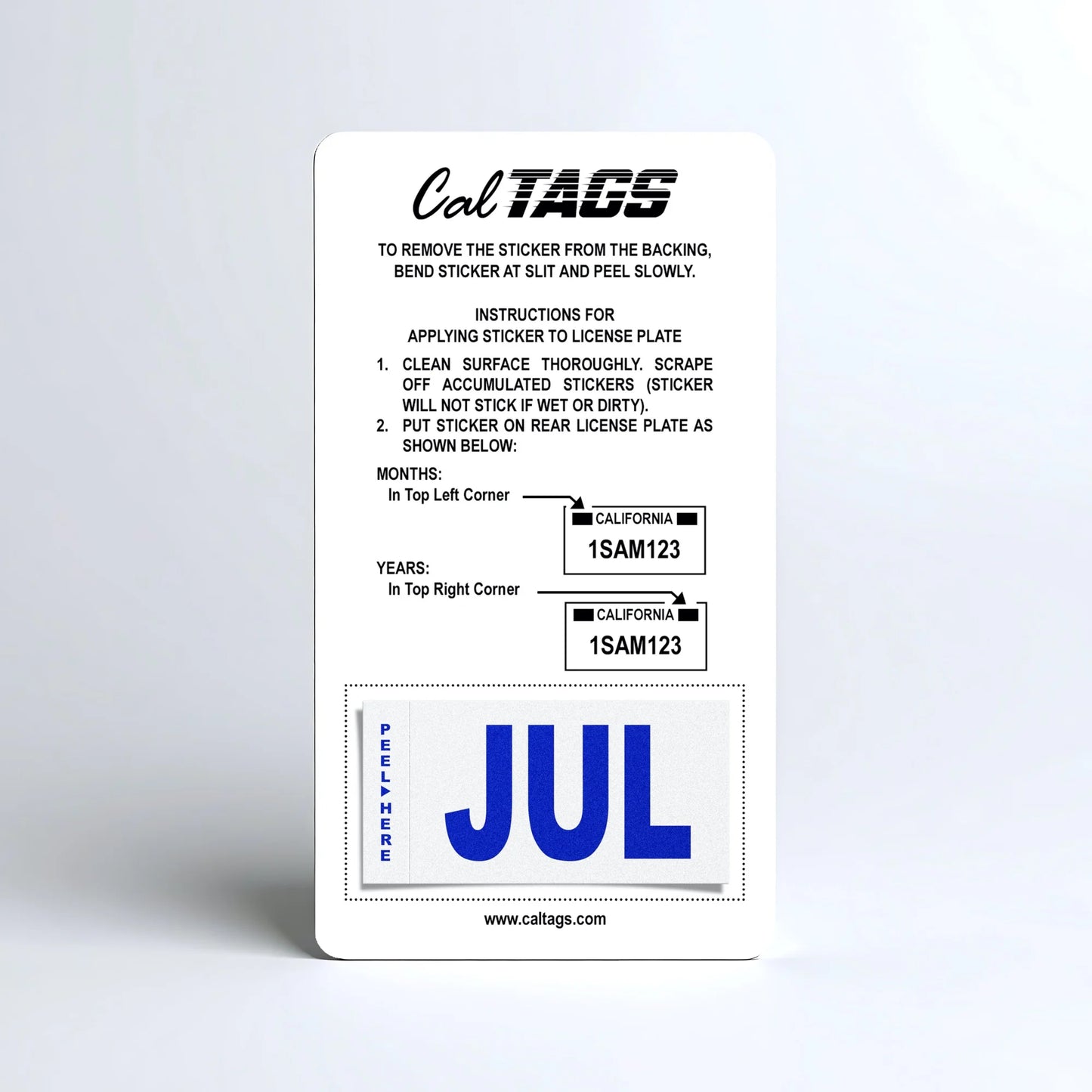 California license plate July month sticker mounted on CalTags display card — Modern Series