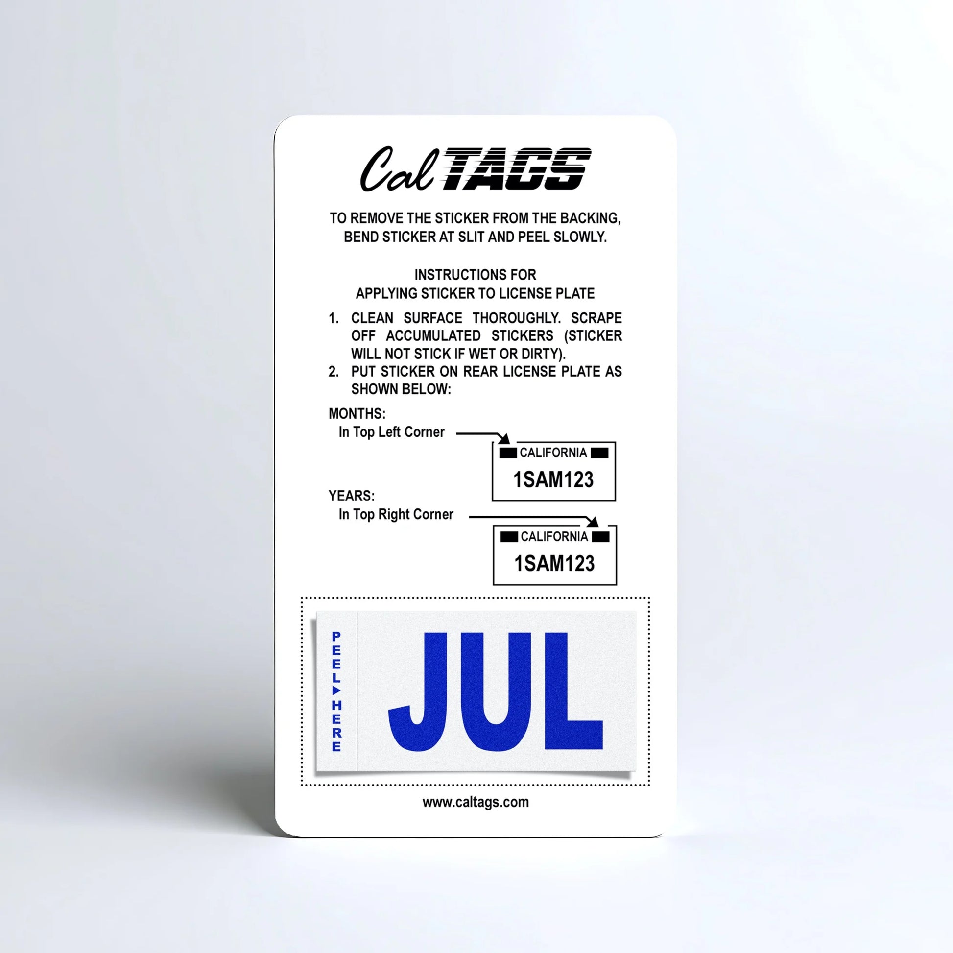 California license plate July month sticker mounted on CalTags display card — Modern Series
