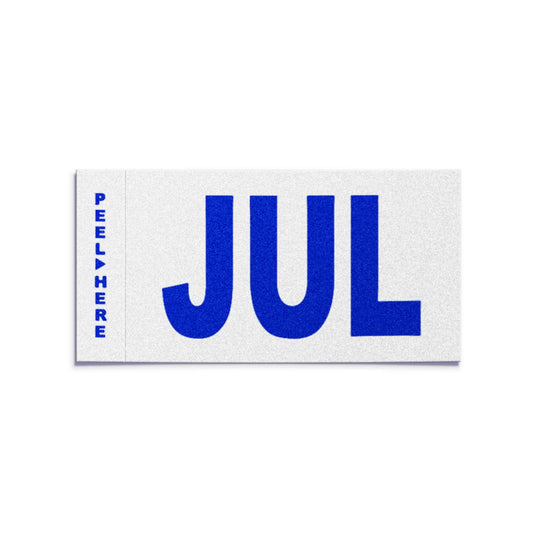 California license plate July month sticker — Modern Series — reproduction shown on white background