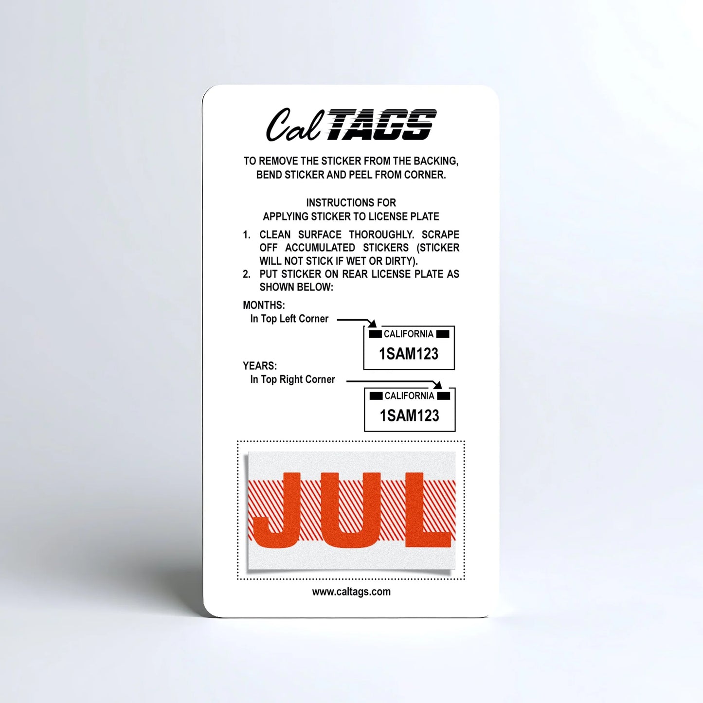 California license plate July month sticker mounted on CalTags display card — Red Series