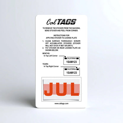 California license plate July month sticker mounted on CalTags display card — Red Series