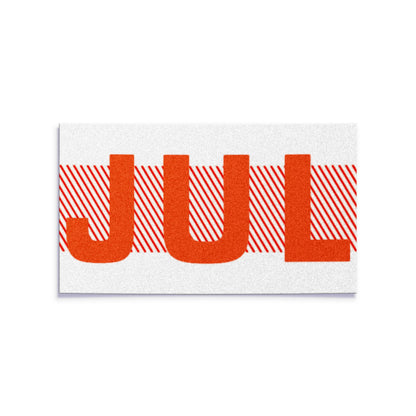 California license plate July month sticker — Red Series — reproduction shown on white background