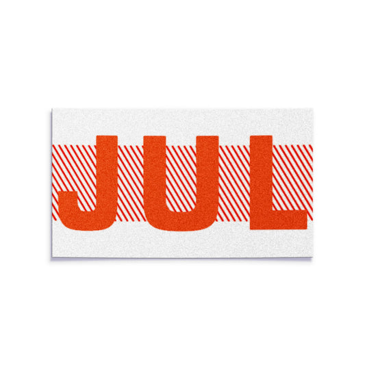 California license plate July month sticker — Red Series — reproduction shown on white background