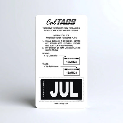 California license plate July month sticker mounted on CalTags display card — Stealth Series