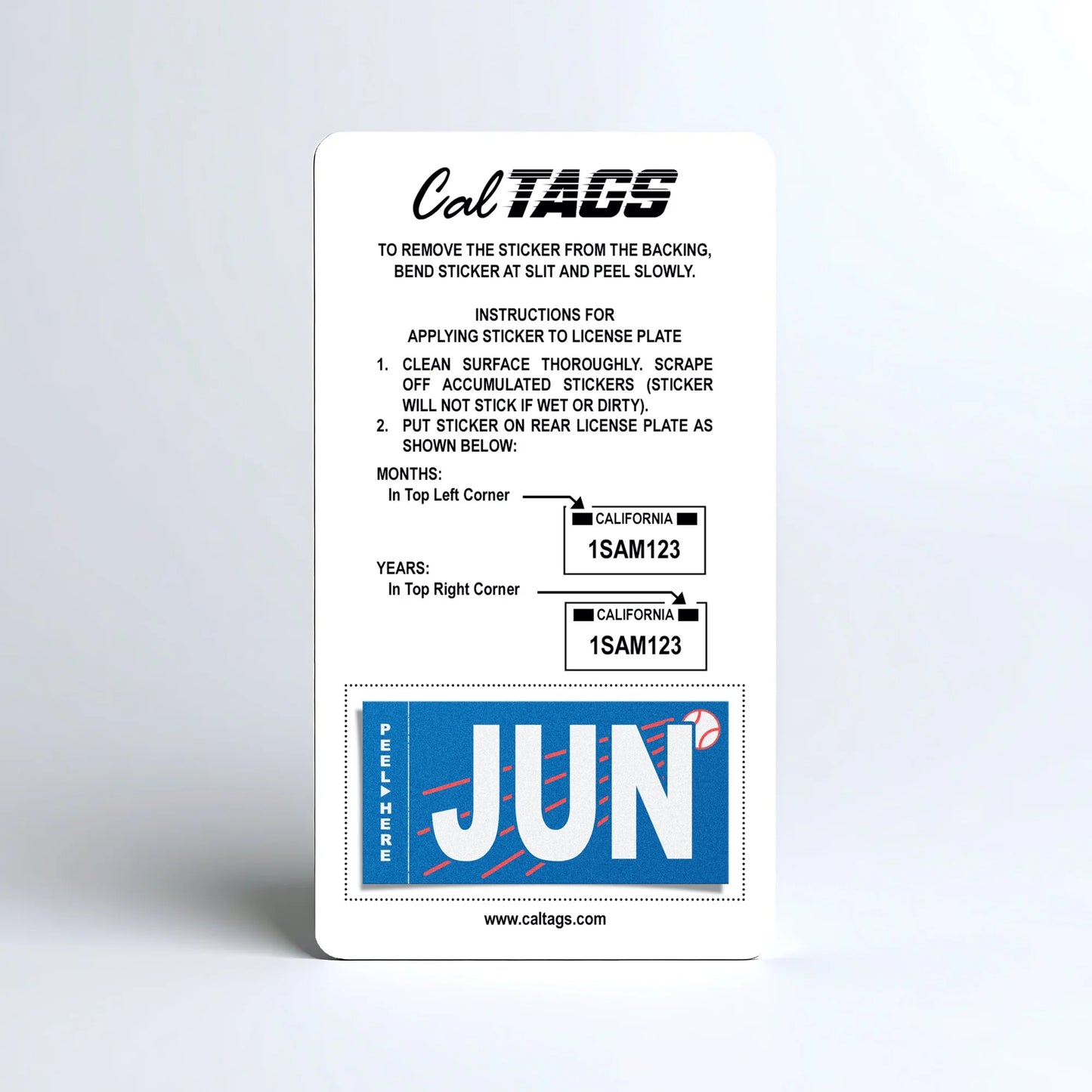 California license plate June month sticker mounted on CalTags display card — Ballpark Series