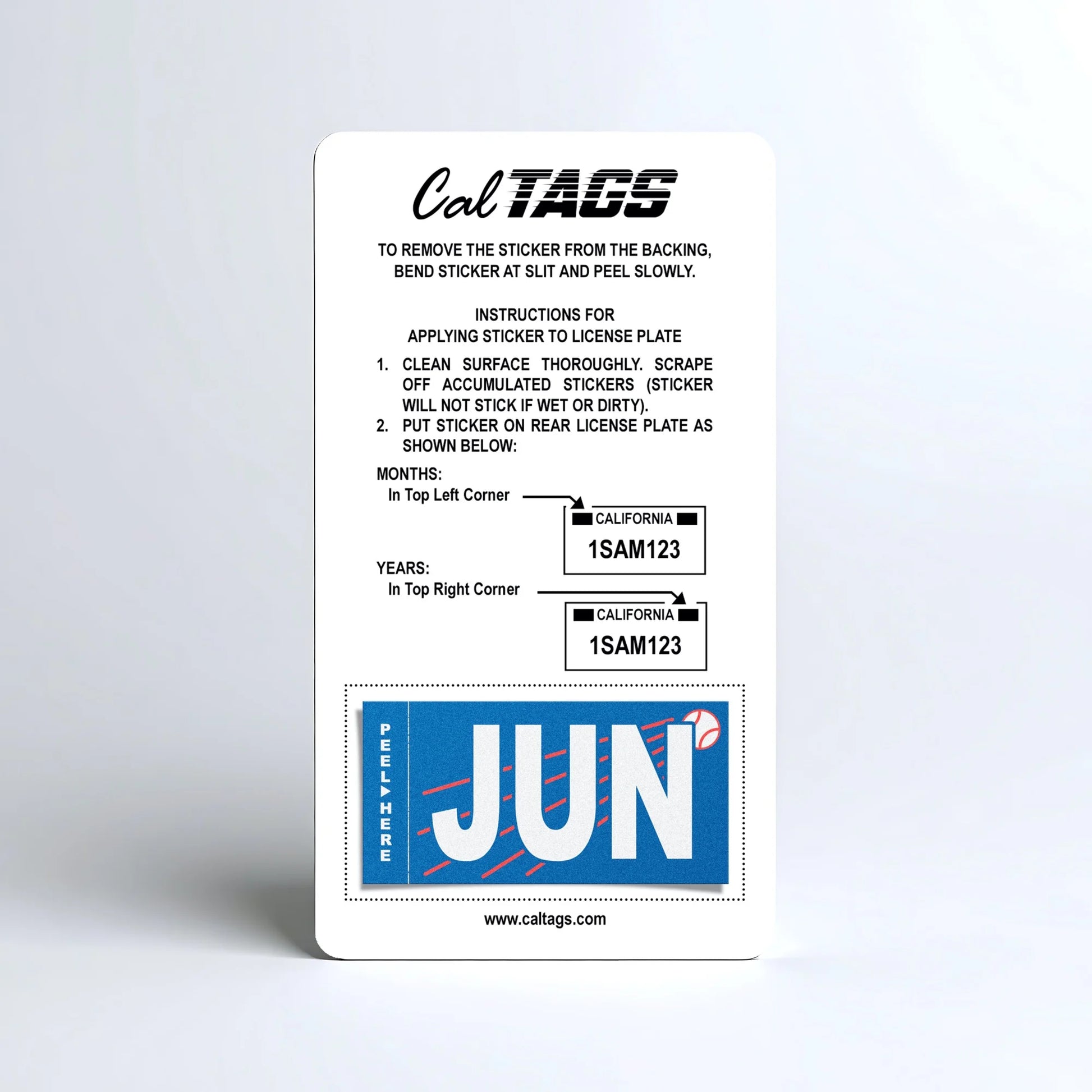 California license plate June month sticker mounted on CalTags display card — Ballpark Series