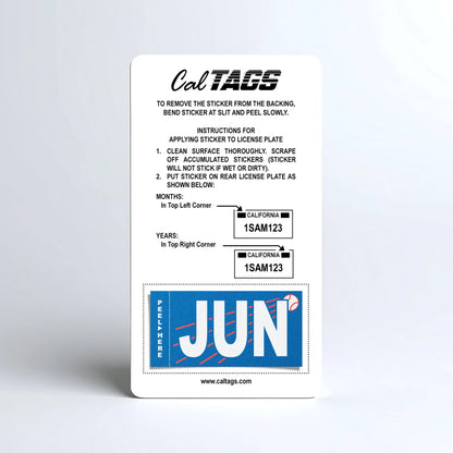 California license plate June month sticker mounted on CalTags display card — Ballpark Series