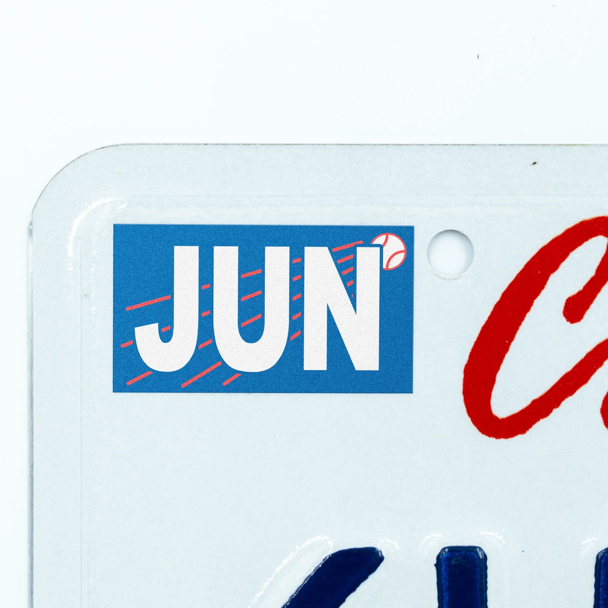 California license plate June month sticker applied to upper corner of white California plate — Ballpark Series