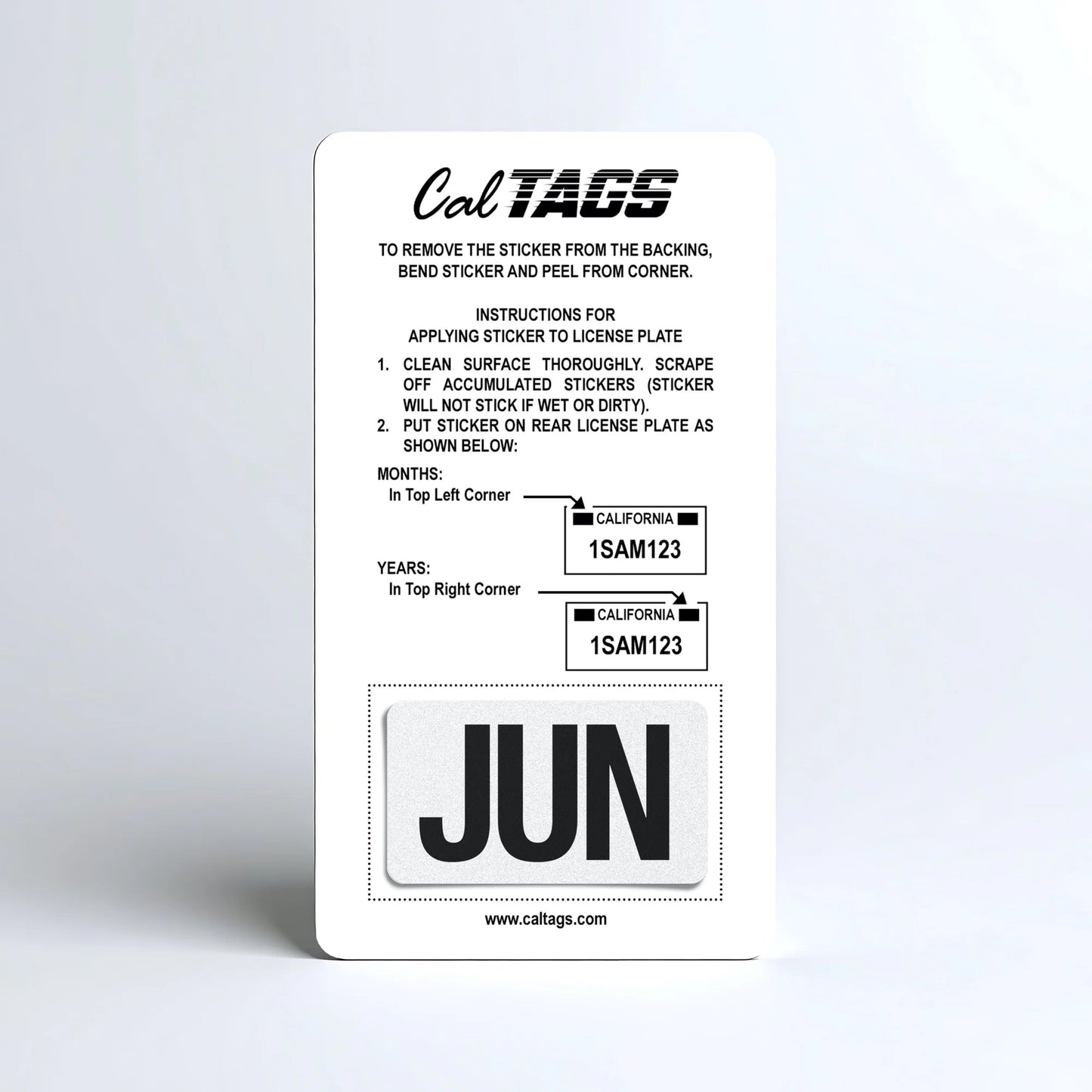 California license plate June month sticker mounted on CalTags display card — Black Series
