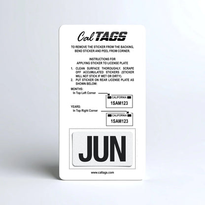 California license plate June month sticker mounted on CalTags display card — Black Series