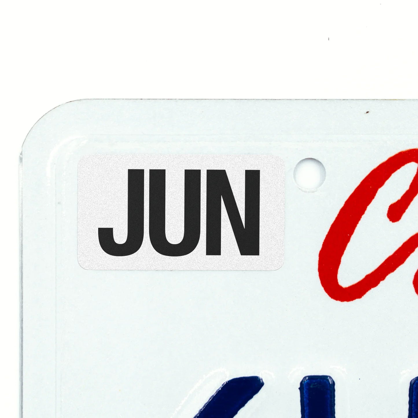 California license plate June month sticker applied to upper corner of white California plate — Black Series