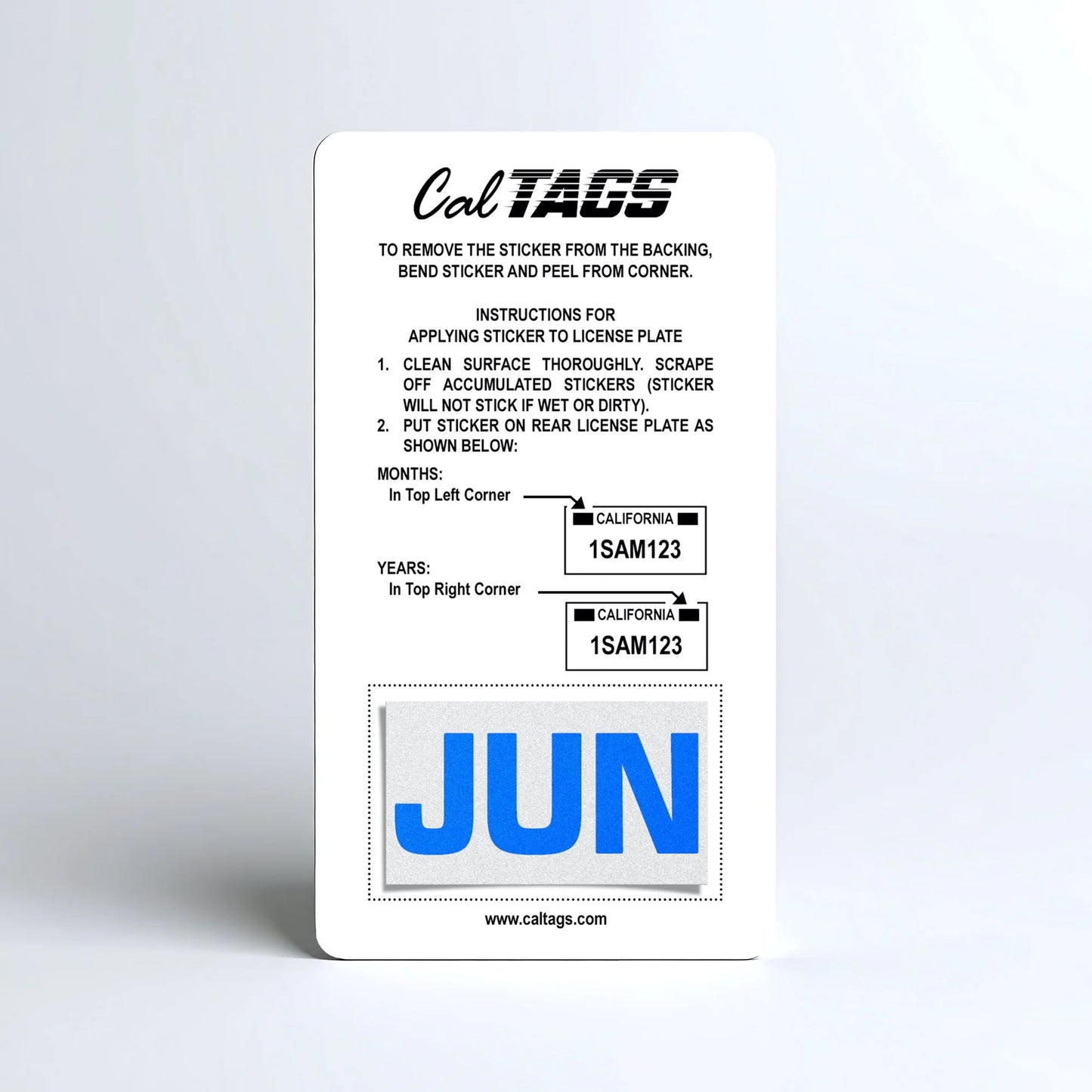 California license plate June month sticker mounted on CalTags display card — Blue Series