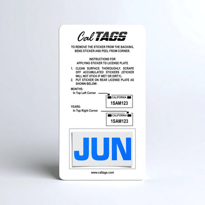California license plate June month sticker mounted on CalTags display card — Blue Series