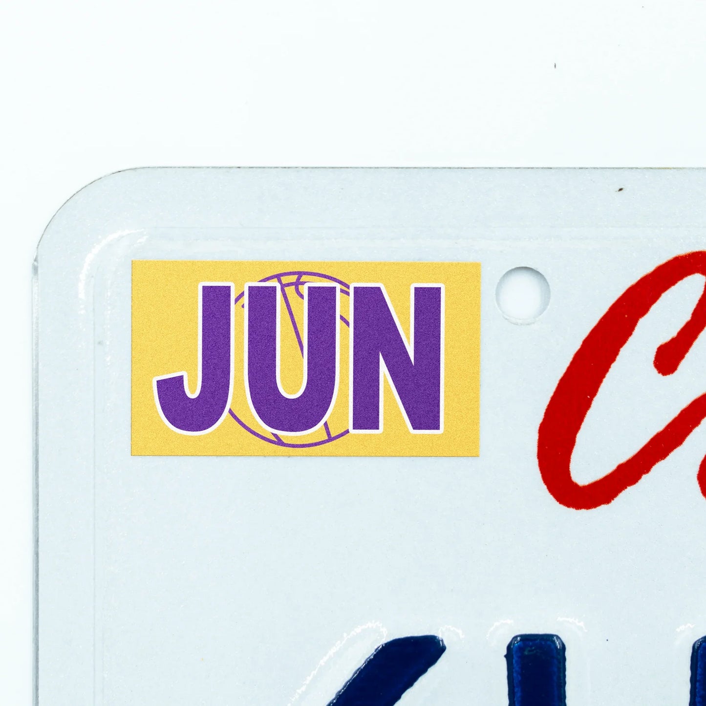 California license plate June month sticker applied to upper corner of white California plate — Courtside Series