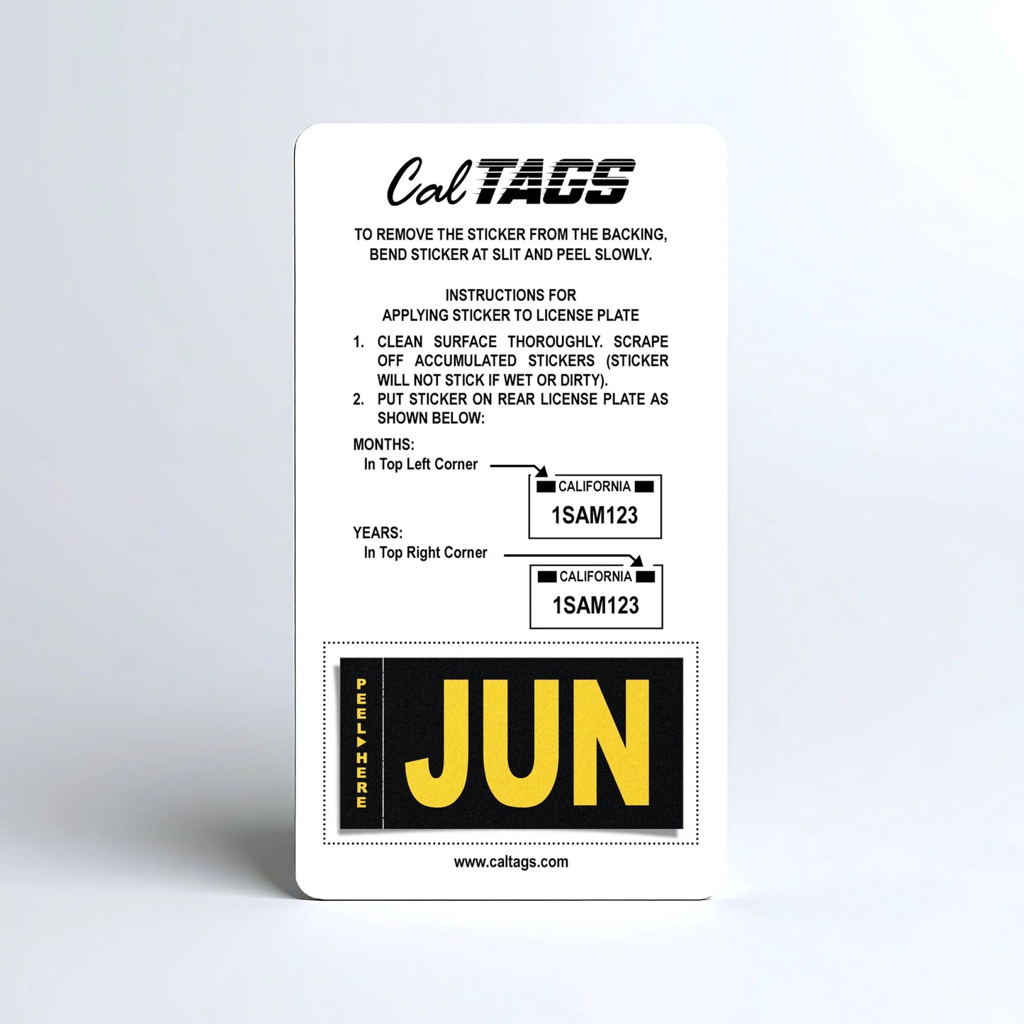 California license plate June month sticker mounted on CalTags display card — Legacy Series