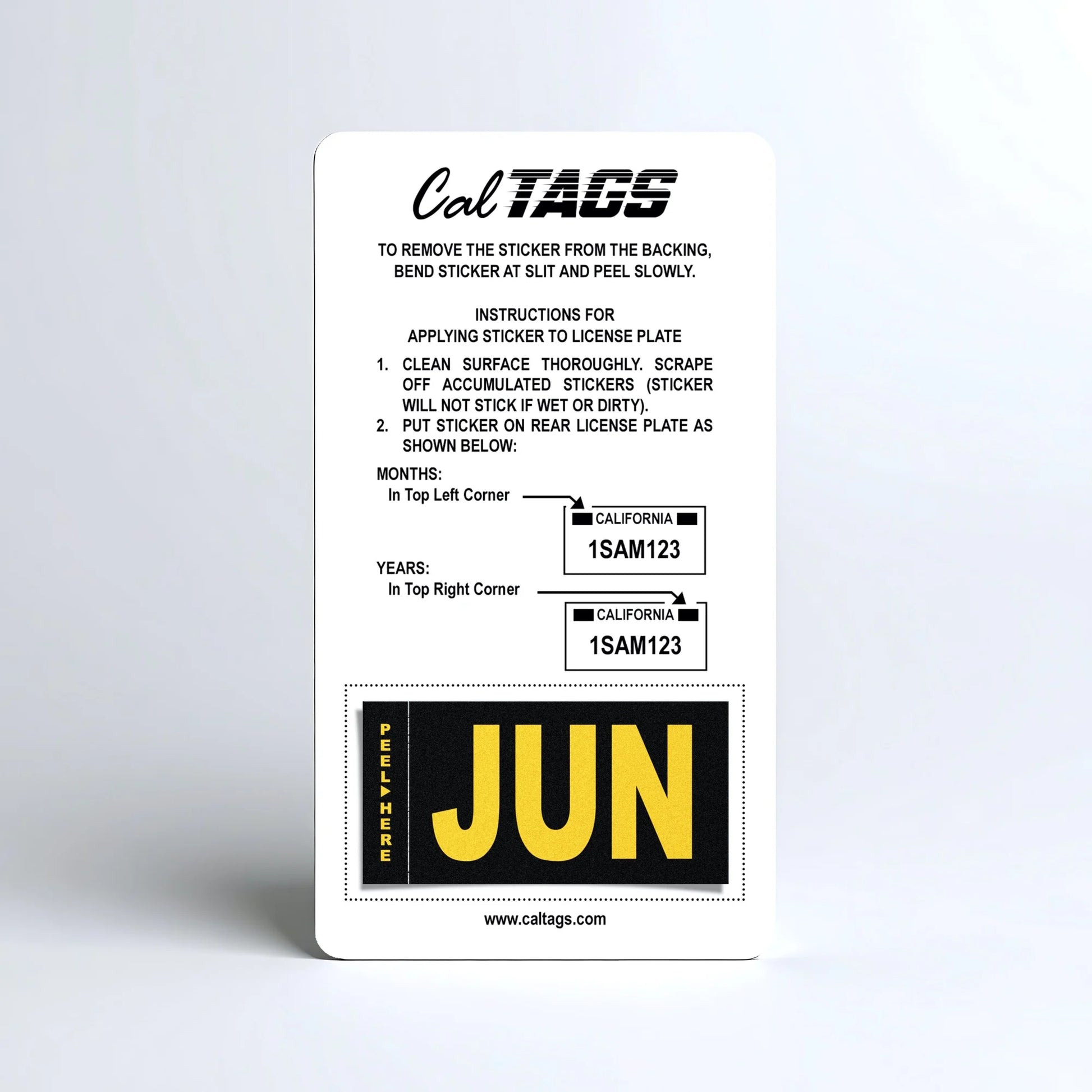 California license plate June month sticker mounted on CalTags display card — Legacy Series