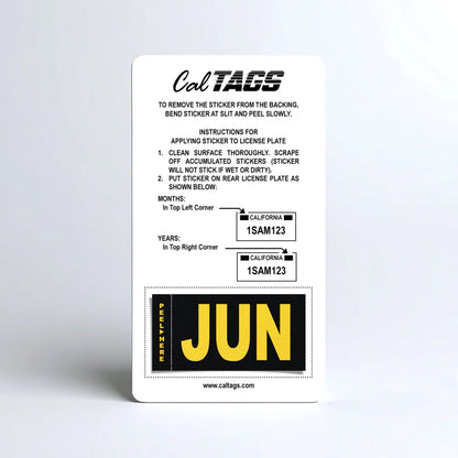 California license plate June month sticker mounted on CalTags display card — Legacy Series