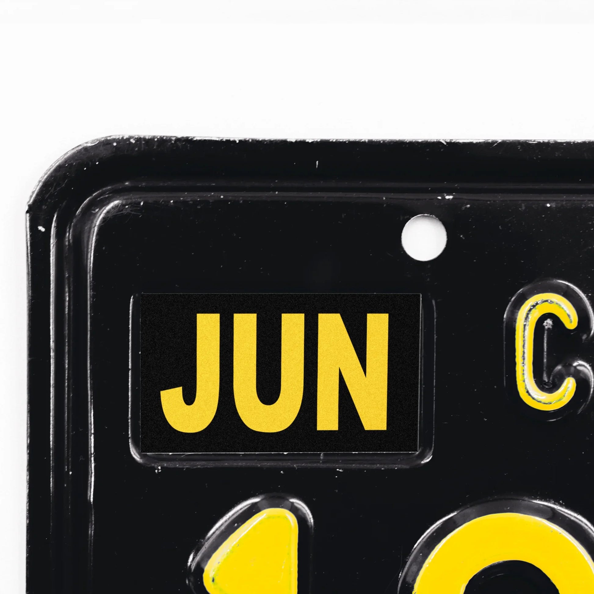 California license plate June month sticker applied to upper corner of black California plate — Legacy Series