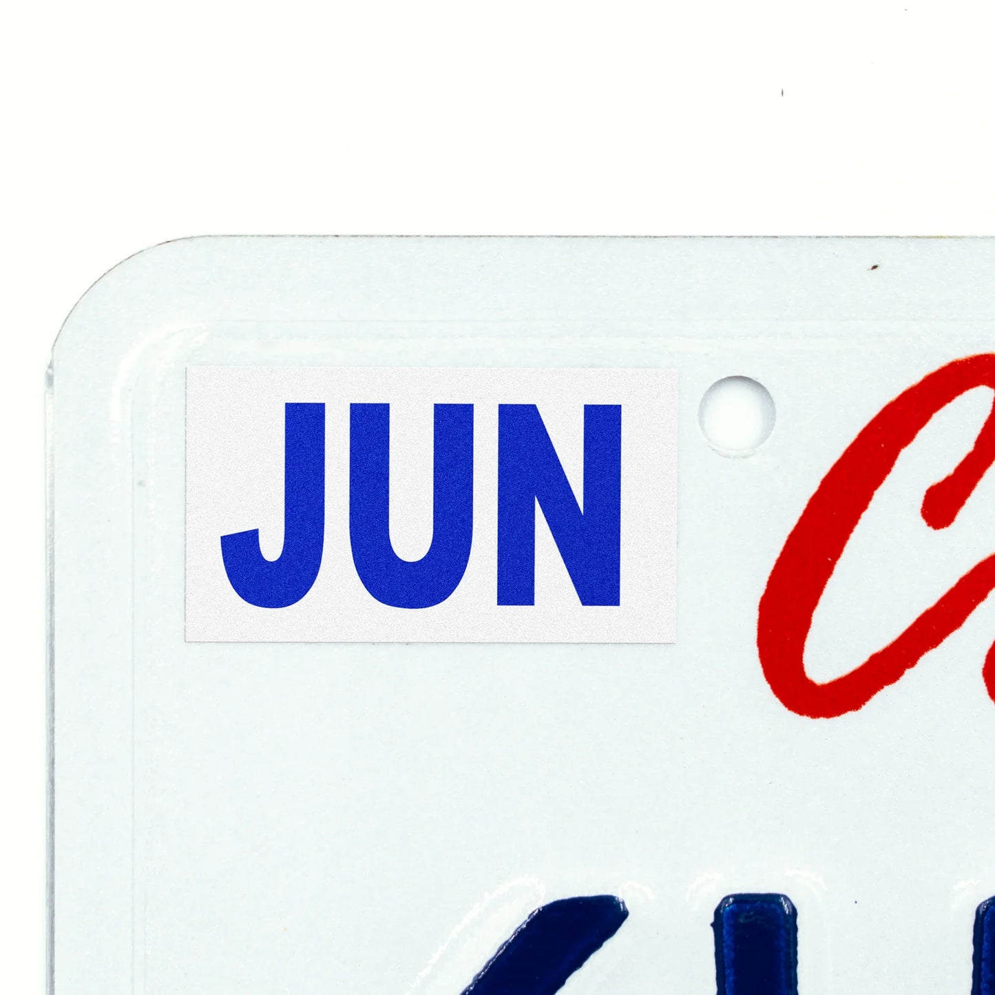California license plate June month sticker applied to upper corner of white California plate — Modern Series
