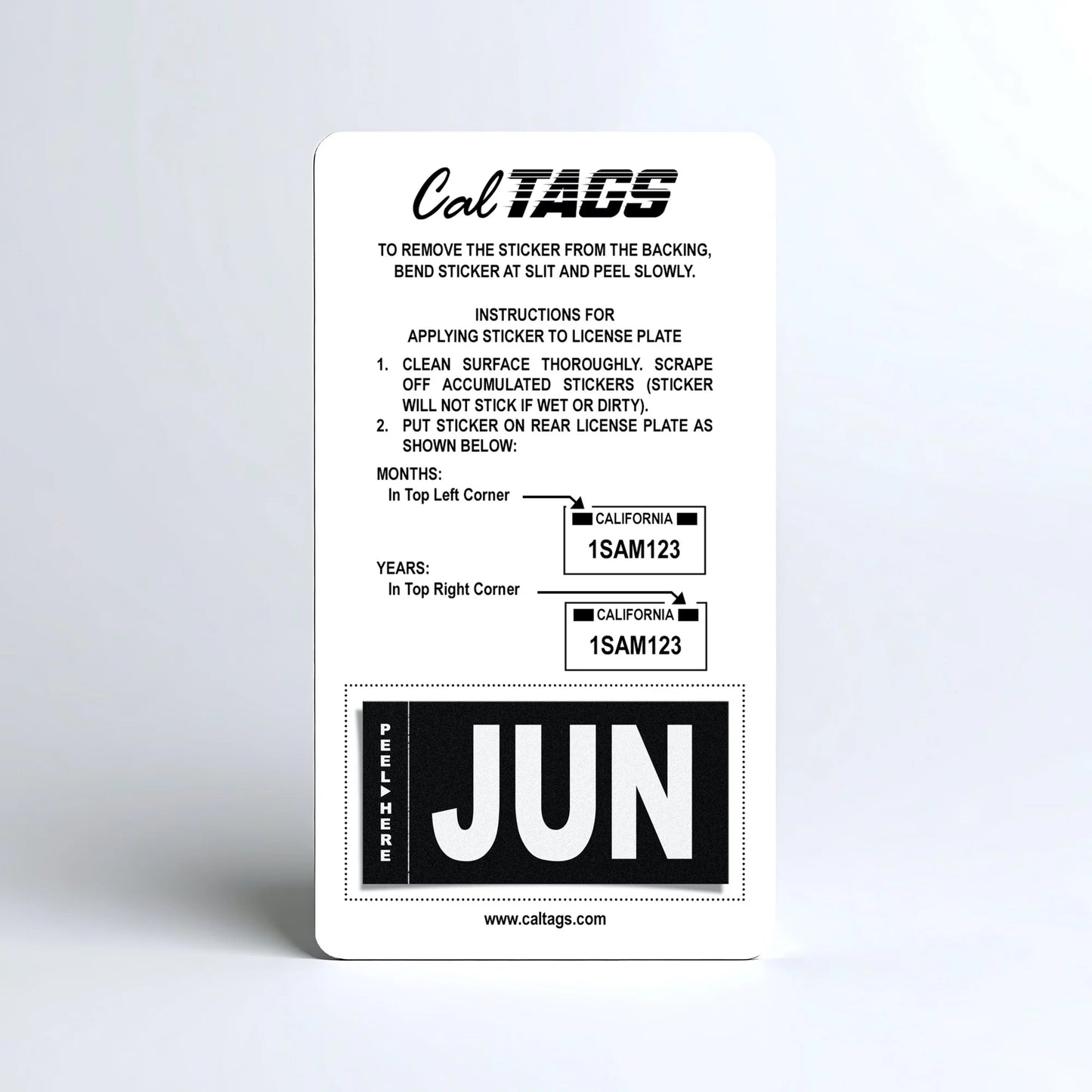 California license plate June month sticker mounted on CalTags display card — Stealth Series