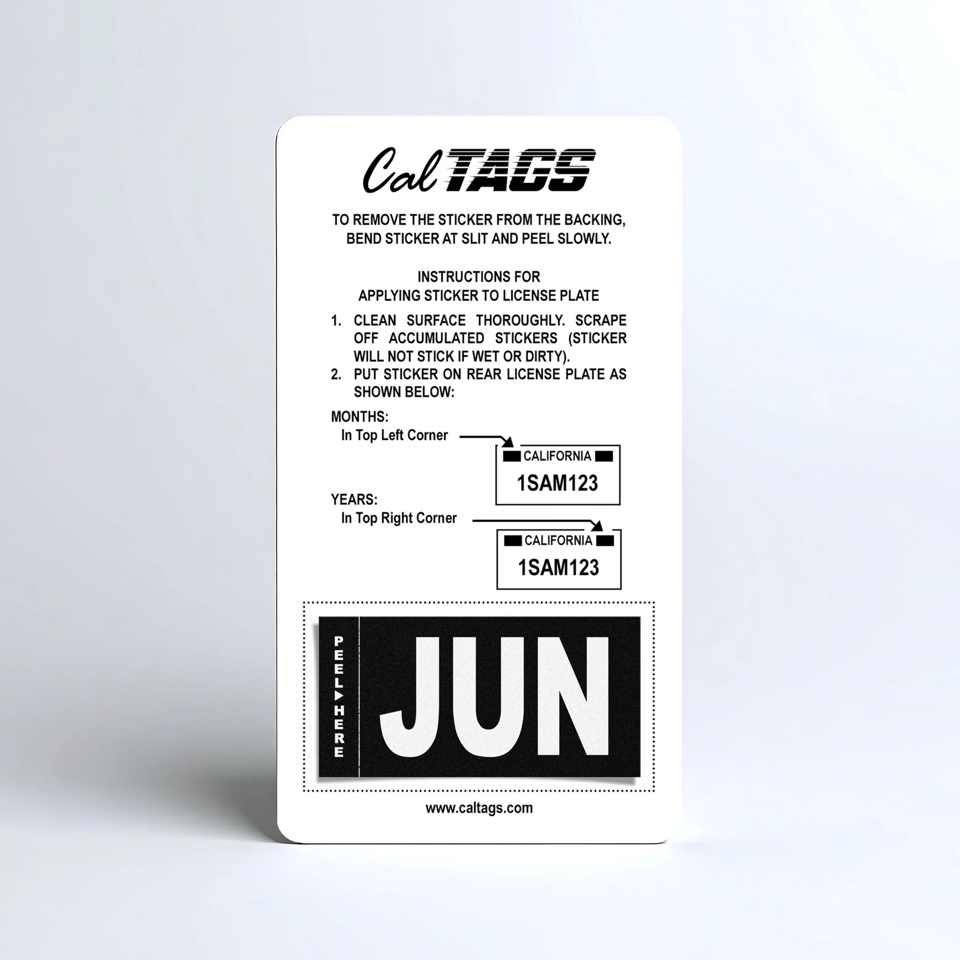 California license plate June month sticker mounted on CalTags display card — Stealth Series