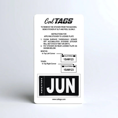 California license plate June month sticker mounted on CalTags display card — Stealth Series