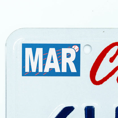 California license plate March month sticker applied to upper corner of white California plate — Ballpark Series