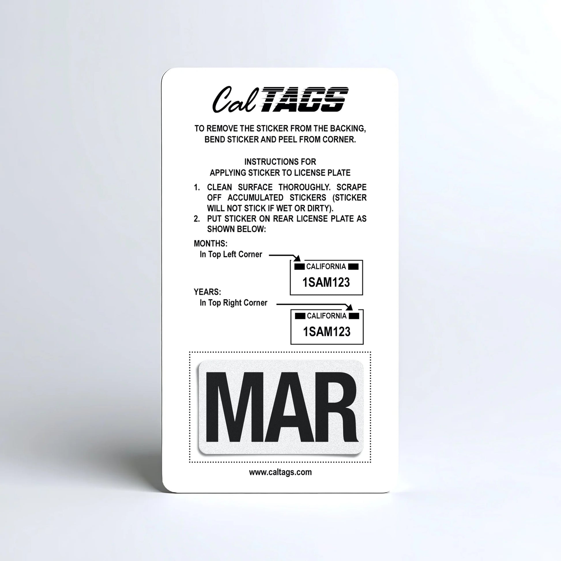 California license plate March month sticker mounted on CalTags display card — Black Series