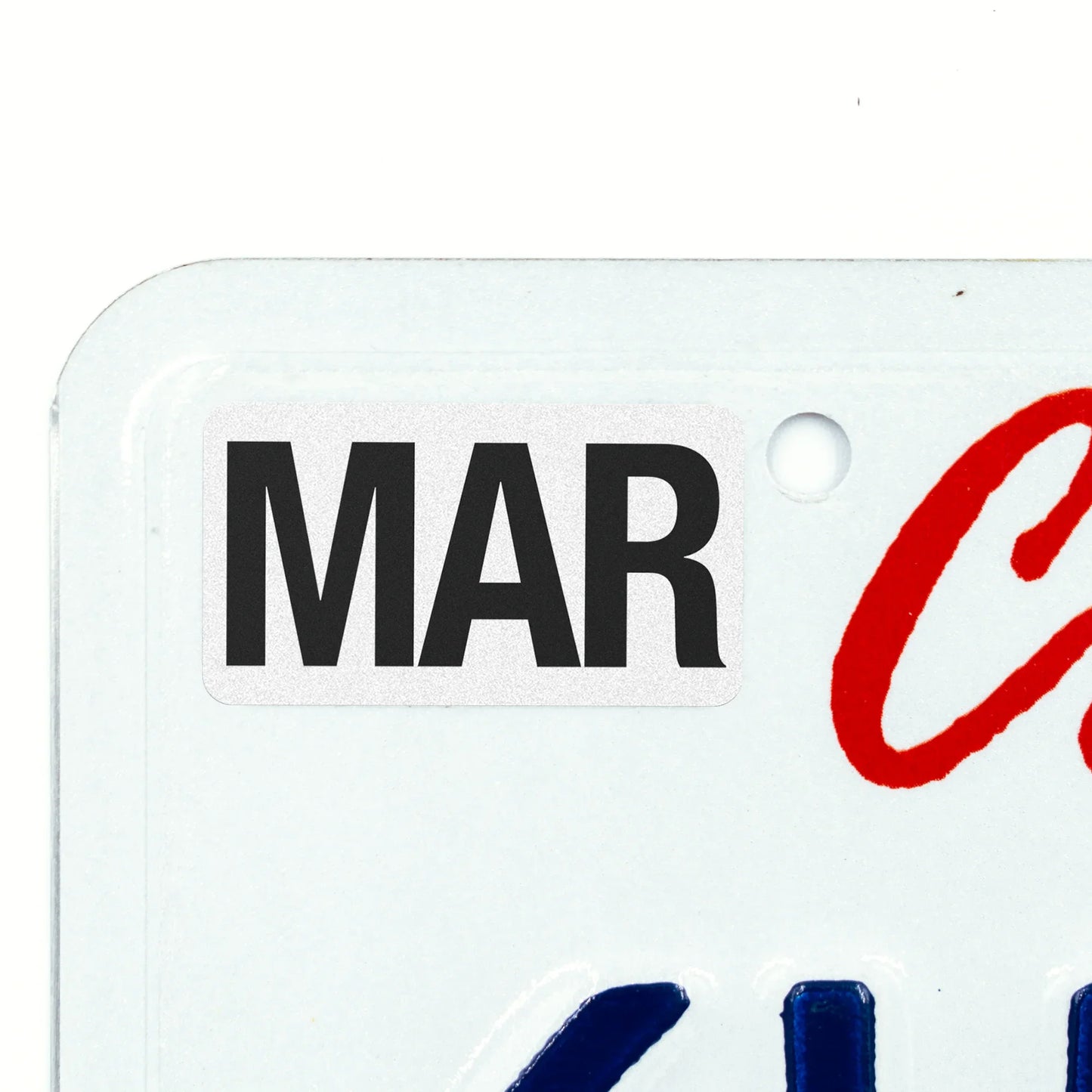 California license plate March month sticker applied to upper corner of white California plate — Black Series