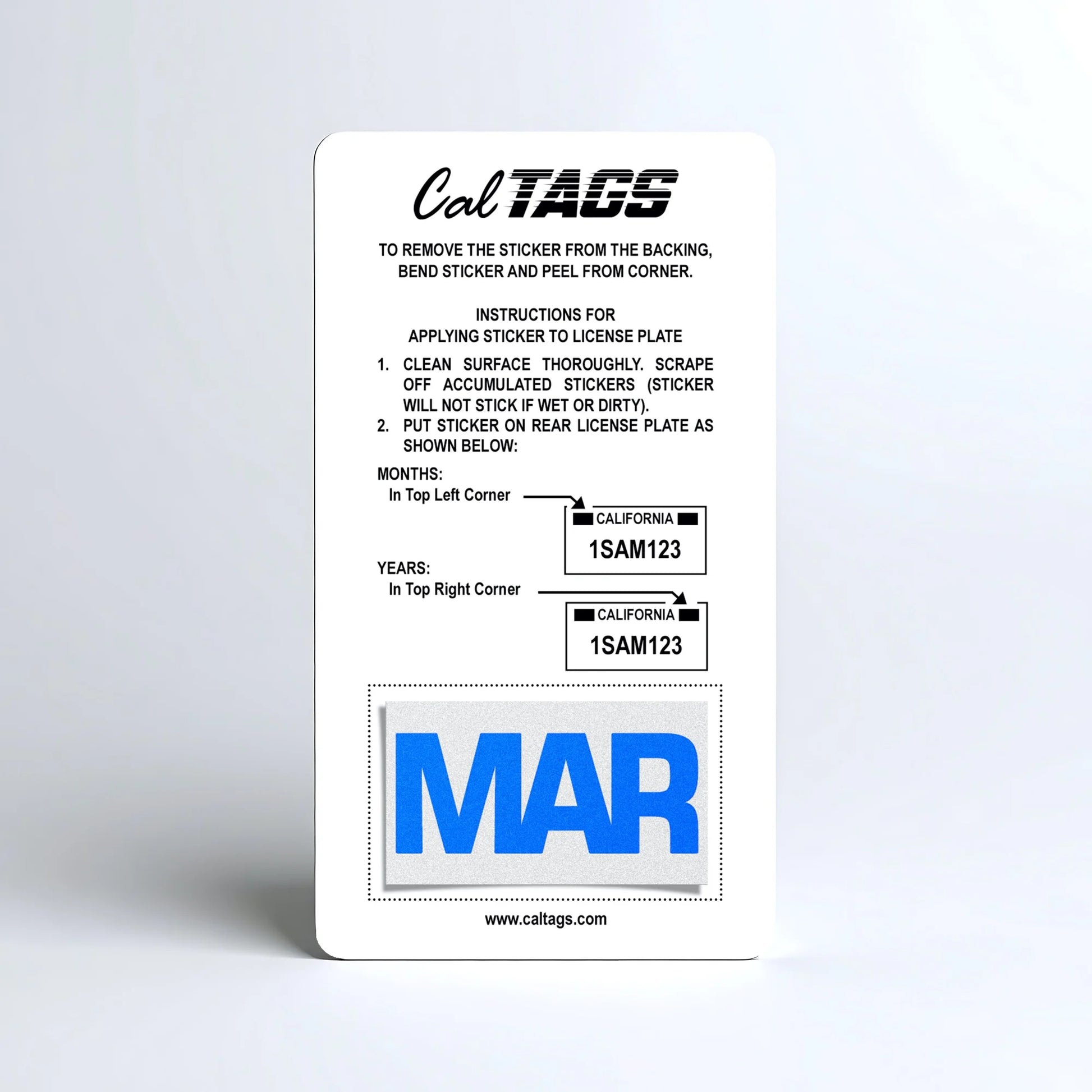 California license plate March month sticker mounted on CalTags display card — Blue Series