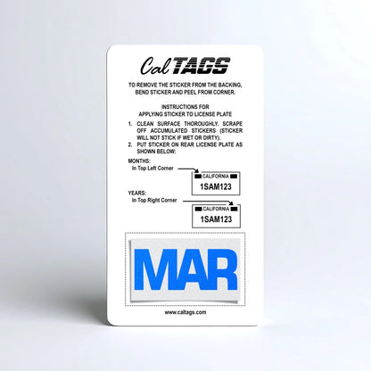 California license plate March month sticker mounted on CalTags display card — Blue Series