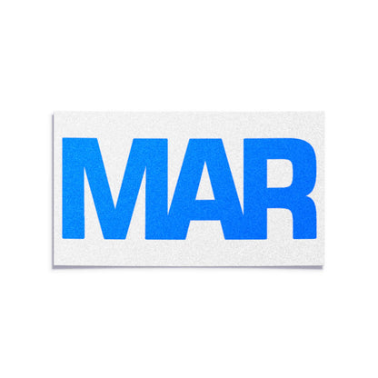 California license plate March month sticker — Blue Series — reproduction shown on white background