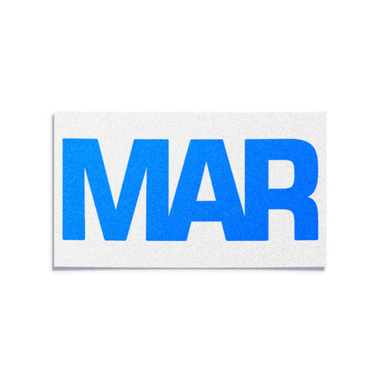 California license plate March month sticker — Blue Series — reproduction shown on white background