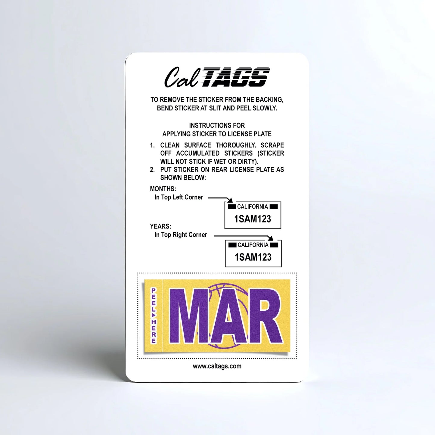 California license plate March month sticker mounted on CalTags display card — Courtside Series