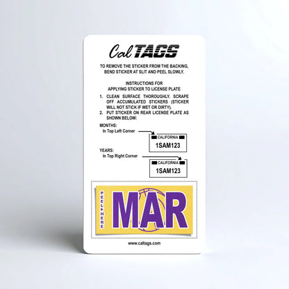 California license plate March month sticker mounted on CalTags display card — Courtside Series